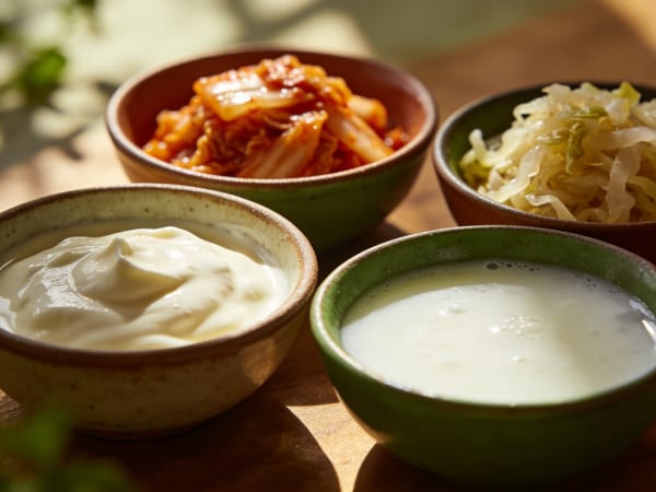 Colorful assortment of fermented foods in small bowls