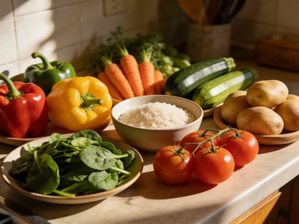 Fresh vegetables and legumes on a kitchen counter