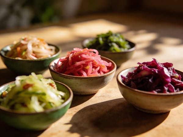 Fresh whole foods including vegetables, fish, and grains on a kitchen counter