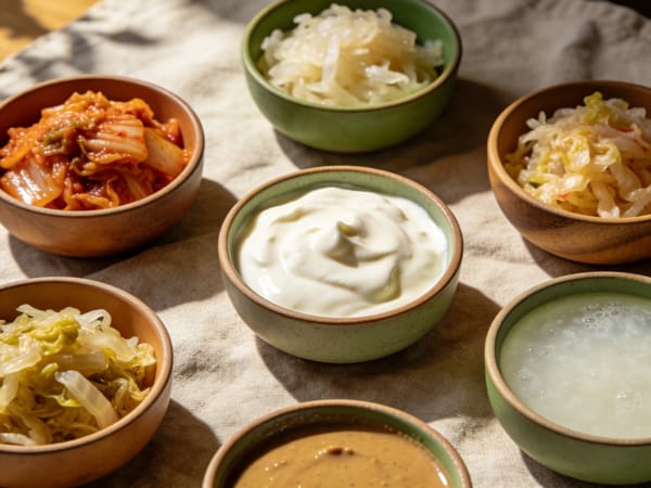Fermented foods including yogurt, kimchi, sauerkraut, and kefir