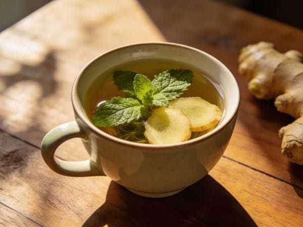 A cup of herbal tea with fresh ginger and peppermint leaves